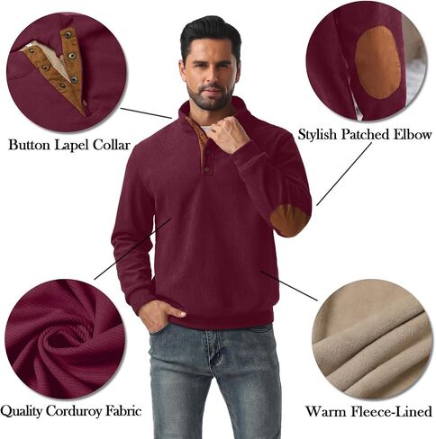 Askdeer Mens Sweatshirts Heavyweight Fleece Corduroy Casual Stand Collar Sweatshirt Mock Neck 1/4 Button Pullover Sweaters in Saudi Arabia