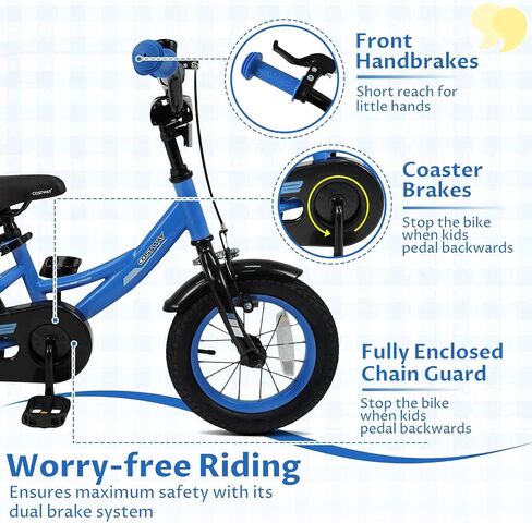 COSTWAY Kids Bike, 12 Inch Toddler Bicycle with Removable Training Wheels, Dual Brakes, Adjustable Seat & Handlebar Height, Girls & Boys Bikes for 3-8 Years Old (Black,12 Inch) in Saudi Arabia