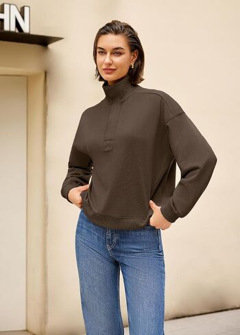 Nirovien المرأة طويلة الأكمام البلوز بلوزات هينلي الرقبة المتضخم البلوز ربع زر البلوز القمم in Kuwait
