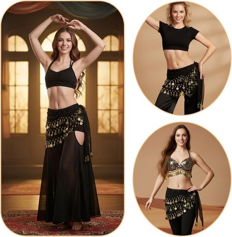 وشاح الورك للرقص الشرقي مع 128 عملة ذهبية، وشاح الورك للرقص الشرقي الجميل للسيدات، زي الرقص الشرقي، ملابس زومبا للنساء، تنورة ملفوفة مع عملات معدنية لامعة من الترتر in Kuwait