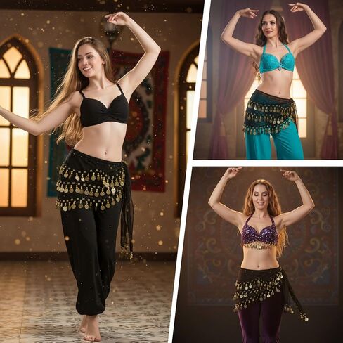 وشاح الورك للرقص الشرقي مع 128 عملة ذهبية، وشاح الورك للرقص الشرقي الجميل للسيدات، زي الرقص الشرقي، ملابس زومبا للنساء، تنورة ملفوفة مع عملات معدنية لامعة من الترتر in Kuwait