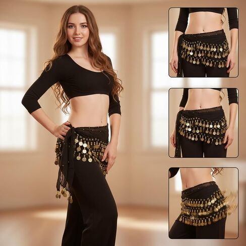 وشاح الورك للرقص الشرقي مع 128 عملة ذهبية، وشاح الورك للرقص الشرقي الجميل للسيدات، زي الرقص الشرقي، ملابس زومبا للنساء، تنورة ملفوفة مع عملات معدنية لامعة من الترتر in Kuwait