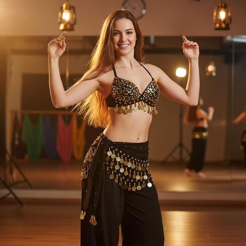 وشاح الورك للرقص الشرقي مع 128 عملة ذهبية، وشاح الورك للرقص الشرقي الجميل للسيدات، زي الرقص الشرقي، ملابس زومبا للنساء، تنورة ملفوفة مع عملات معدنية لامعة من الترتر in Kuwait