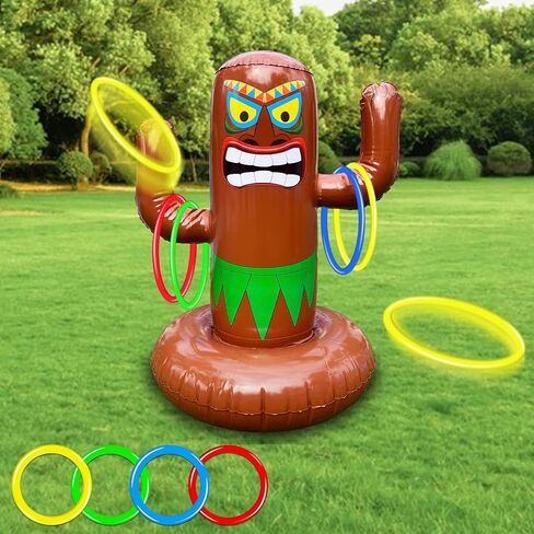 25" Inflatable Luau Tiki Pool Toss Games, Tiki Pool Ring Toss Toys with 4 Rings for Adults Indoor Outdoor Tropical Summer Swimming Inflatable Bean Bags Toss Hawaiian Luau Party Supplies in Saudi Arabia