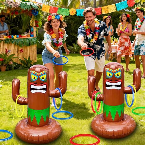 25" Inflatable Luau Tiki Pool Toss Games, Tiki Pool Ring Toss Toys with 4 Rings for Adults Indoor Outdoor Tropical Summer Swimming Inflatable Bean Bags Toss Hawaiian Luau Party Supplies in Saudi Arabia