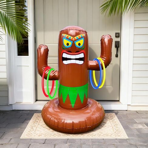 25" Inflatable Luau Tiki Pool Toss Games, Tiki Pool Ring Toss Toys with 4 Rings for Adults Indoor Outdoor Tropical Summer Swimming Inflatable Bean Bags Toss Hawaiian Luau Party Supplies in Saudi Arabia