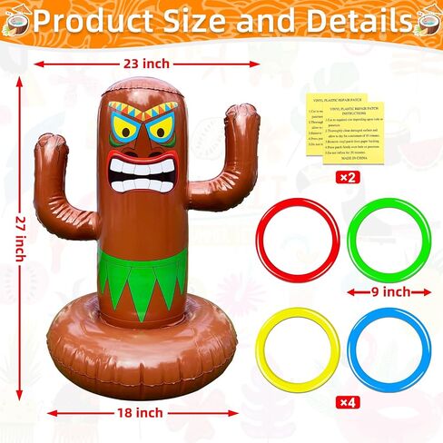 25" Inflatable Luau Tiki Pool Toss Games, Tiki Pool Ring Toss Toys with 4 Rings for Adults Indoor Outdoor Tropical Summer Swimming Inflatable Bean Bags Toss Hawaiian Luau Party Supplies in Saudi Arabia
