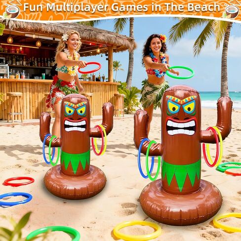 25" Inflatable Luau Tiki Pool Toss Games, Tiki Pool Ring Toss Toys with 4 Rings for Adults Indoor Outdoor Tropical Summer Swimming Inflatable Bean Bags Toss Hawaiian Luau Party Supplies in Saudi Arabia