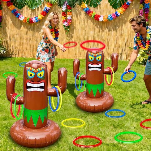 25" Inflatable Luau Tiki Pool Toss Games, Tiki Pool Ring Toss Toys with 4 Rings for Adults Indoor Outdoor Tropical Summer Swimming Inflatable Bean Bags Toss Hawaiian Luau Party Supplies in Saudi Arabia