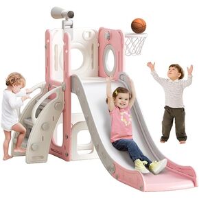 6 in 1 Toddler Playset with Slide, Kids Slide with Basketball Hoop, Ball, Ring Toss, Indoor Outdoor Toys (Pink) in Saudi Arabia