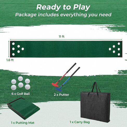 مجموعة ألعاب جولف تانجكولا بطول 11 قدم، حصيرة خضراء لوضع الجولف في الأماكن المغلقة والمفتوحة مع مضربين قابلين للتعديل، 6 كرات و12 فتحة للحفلات، الفناء الخلفي، المنزل والمكتب، بساط تدريب ممارسة الجولف in Kuwait