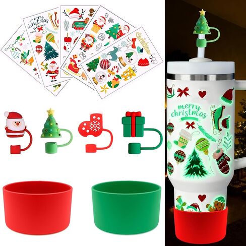 11Pcs Christmas Stanley Cup Accessories, Glow-in-The-Dark Stickers, 2 Silicone Stanley Boots, 4 Christmas Straw Cover, 10mm Straw Toppers for Stanley Cup 30oz 40oz in Saudi Arabia
