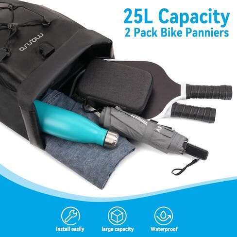 MOSISO 25L دراجة Panniers، 2 حزمة حقيبة دراجة مضادة للماء، حقيبة مقعد الدراجة الخلفية مع سلك مرن، دراجة الأمتعة صندوق تخزين الحقيبة للطرق الجبلية ركوب الدراجات السفر التنقل، أسود in Kuwait