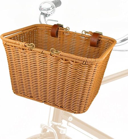 Bike Basket Front,Hand-Woven Bicycle Basket for Adult Bikes with Leather Straps, Easy Detachable,30 * 24 * 19cm in Kuwait