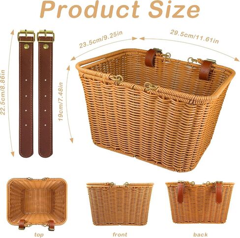 Bike Basket Front,Hand-Woven Bicycle Basket for Adult Bikes with Leather Straps, Easy Detachable,30 * 24 * 19cm in Kuwait
