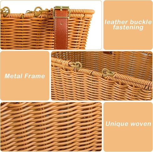 Bike Basket Front,Hand-Woven Bicycle Basket for Adult Bikes with Leather Straps, Easy Detachable,30 * 24 * 19cm in Kuwait