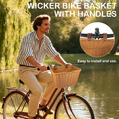 Bike Basket Front,Hand-Woven Bicycle Basket for Adult Bikes with Leather Straps, Easy Detachable,30 * 24 * 19cm in Kuwait