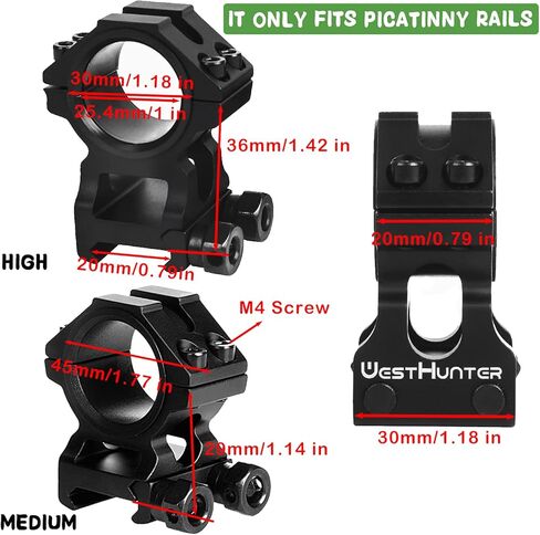 حلقات نطاق البندقية الدقيقة من WestHunter الصناعية، 1 بوصة 30 مم تكتيكي 6061 T6 Picatinny نطاق التركيب | 36 ملم / 29 ملم ارتفاع المركز in Kuwait