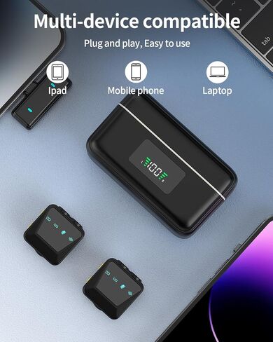ميكروفون Lavalier لاسلكي لأجهزة iPhone/Android مع علبة شحن، وإلغاء ذكي للضوضاء، وميكروفون لاسلكي قابل للتوصيل لـ Tiktok، وYoutube، وتسجيل الفيديو، ومدونة الفيديو، والبث المباشر in Kuwait