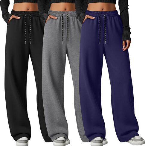 3 Pack Women's Barrel Leg Pants High Waisted Baggy Lounge Pants Drawstring Wide Leg Sweatpants Joggers with Pockets in Saudi Arabia