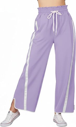 Women's High Waist Wide Leg Pants Striped Elastic Waist Track Pants Y2K Lightweight Baggy Streetwear with Pockets in Saudi Arabia