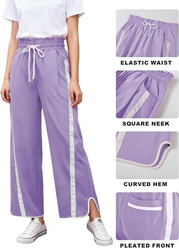 Women's High Waist Wide Leg Pants Striped Elastic Waist Track Pants Y2K Lightweight Baggy Streetwear with Pockets in Saudi Arabia