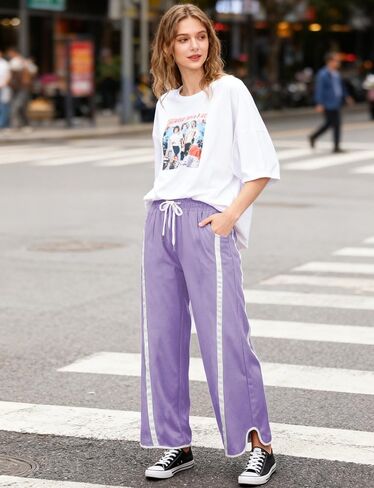 Women's High Waist Wide Leg Pants Striped Elastic Waist Track Pants Y2K Lightweight Baggy Streetwear with Pockets in Saudi Arabia