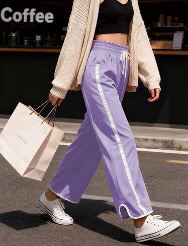 Women's High Waist Wide Leg Pants Striped Elastic Waist Track Pants Y2K Lightweight Baggy Streetwear with Pockets in Saudi Arabia
