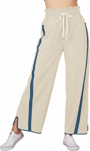Women's High Waist Wide Leg Pants Striped Elastic Waist Track Pants Y2K Lightweight Baggy Streetwear with Pockets in Saudi Arabia