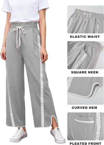 Women's High Waist Wide Leg Pants Striped Elastic Waist Track Pants Y2K Lightweight Baggy Streetwear with Pockets in Kuwait