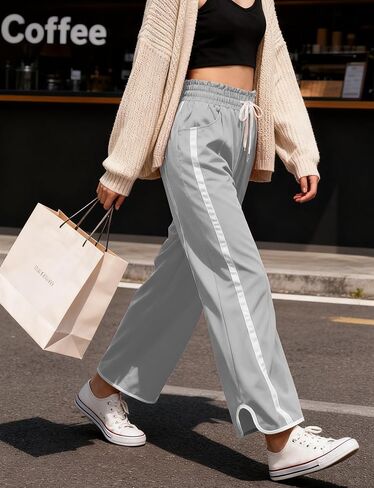Women's High Waist Wide Leg Pants Striped Elastic Waist Track Pants Y2K Lightweight Baggy Streetwear with Pockets in Kuwait