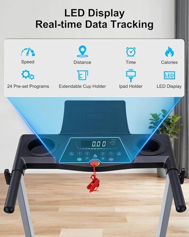 Incline Treadmill with Handles, Portable Small Folding Treadmill for Home Office, Walking Pad with 300 LBS Capacity, 24 Preset Programs, LED Display, Extendable Cup Holder in Saudi Arabia