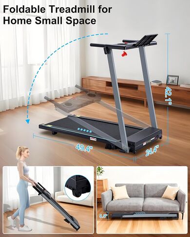 Incline Treadmill with Handles, Portable Small Folding Treadmill for Home Office, Walking Pad with 300 LBS Capacity, 24 Preset Programs, LED Display, Extendable Cup Holder in Saudi Arabia