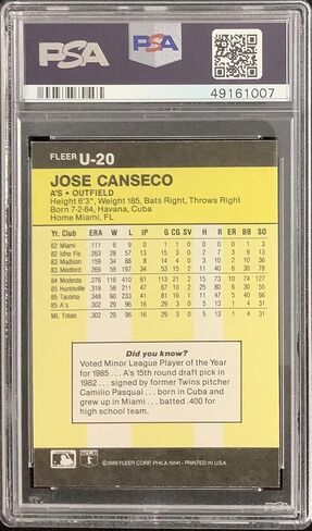 Jose Canseco Signed 1986 Fleer #U-20 Rookie RC Chemist Autograph PSA/DNA Auto 10 - Baseball Slabbed Autographed Cards in Saudi Arabia