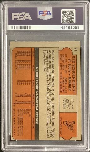 Schoendienst Signed 1972 Topps #67 Cardinals WSC HOF PSA/DNA Autograph 10 - Baseball Slabbed Autographed Cards in Saudi Arabia
