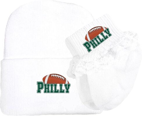 Newborn Baby Knit Cap and Socks with Lace Set for Philadelphia Football Fans White in Saudi Arabia