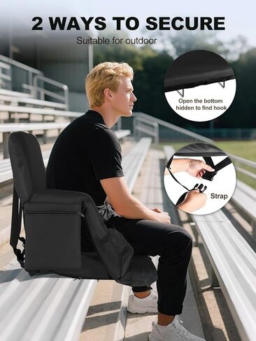 مقعد استاد ساخن مزدوج الجانب بعرض 25 بوصة مع دعم للظهر، وسادة مريحة، 3 مستويات للجلوس في الاستاد، كرسي محمول قابل للطي لألعاب التخييم في المدرجات الخارجية، عبوتان باللون الأسود (2، أسود) in Kuwait