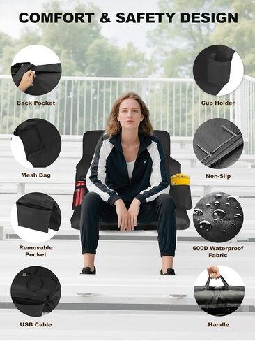 مقعد استاد ساخن مزدوج الجانب بعرض 25 بوصة مع دعم للظهر، وسادة مريحة، 3 مستويات للجلوس في الاستاد، كرسي محمول قابل للطي لألعاب التخييم في المدرجات الخارجية، عبوتان باللون الأسود (2، أسود) in Kuwait