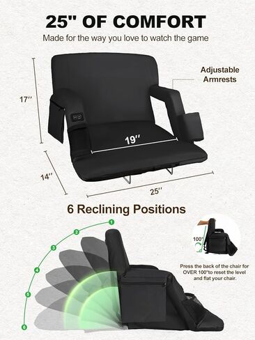 مقعد استاد ساخن مزدوج الجانب بعرض 25 بوصة مع دعم للظهر، وسادة مريحة، 3 مستويات للجلوس في الاستاد، كرسي محمول قابل للطي لألعاب التخييم في المدرجات الخارجية، عبوتان باللون الأسود (2، أسود) in Kuwait