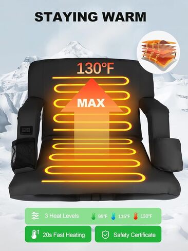 مقعد استاد ساخن مزدوج الجانب بعرض 25 بوصة مع دعم للظهر، وسادة مريحة، 3 مستويات للجلوس في الاستاد، كرسي محمول قابل للطي لألعاب التخييم في المدرجات الخارجية، عبوتان باللون الأسود (2، أسود) in Kuwait