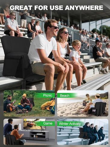مقعد استاد ساخن مزدوج الجانب بعرض 25 بوصة مع دعم للظهر، وسادة مريحة، 3 مستويات للجلوس في الاستاد، كرسي محمول قابل للطي لألعاب التخييم في المدرجات الخارجية، عبوتان باللون الأسود (2، أسود) in Kuwait