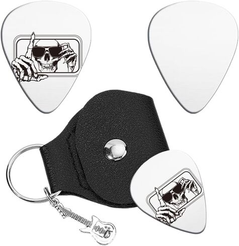 UNICRAFTALE Skull Rearview Mirror Guitar Picks Gifts Keychain One-side Engraved Stainless Steel Guitar Lightning Pick with Black PU Leather Case Plectrum Guitars Set for Guitars Player Birthday in Saudi Arabia