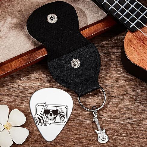 UNICRAFTALE Skull Rearview Mirror Guitar Picks Gifts Keychain One-side Engraved Stainless Steel Guitar Lightning Pick with Black PU Leather Case Plectrum Guitars Set for Guitars Player Birthday in Saudi Arabia