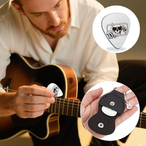 UNICRAFTALE Skull Rearview Mirror Guitar Picks Gifts Keychain One-side Engraved Stainless Steel Guitar Lightning Pick with Black PU Leather Case Plectrum Guitars Set for Guitars Player Birthday in Saudi Arabia