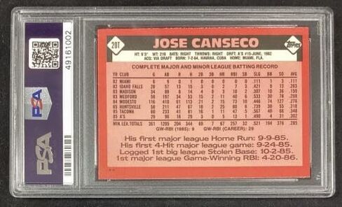 Jose Canseco Signed 1986 Topps #20T Rookie RC Chemist Autograph PSA/DNA Auto 10 - Baseball Slabbed Autographed Cards in Saudi Arabia