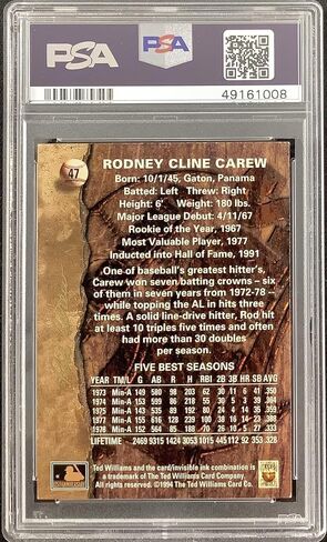 وقع رود كارو عام 1994 في شركة Ted Williams رقم 47، بطاقة Twins HOF PSA/DNA Autograph 10 - بطاقات البيسبول الموقعة in Saudi Arabia