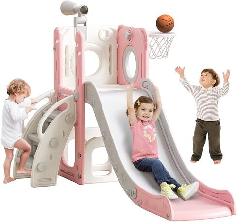 6 in 1 Toddler Playset with Slide, Kids Slide with Basketball Hoop, Ball, Ring Toss, Indoor Outdoor Toys (Pink) in Saudi Arabia