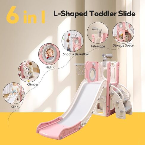 6 in 1 Toddler Playset with Slide, Kids Slide with Basketball Hoop, Ball, Ring Toss, Indoor Outdoor Toys (Pink) in Saudi Arabia