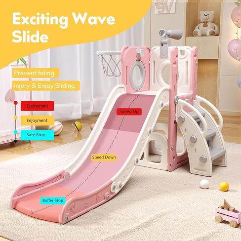 6 in 1 Toddler Playset with Slide, Kids Slide with Basketball Hoop, Ball, Ring Toss, Indoor Outdoor Toys (Pink) in Saudi Arabia