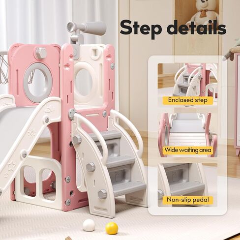 6 in 1 Toddler Playset with Slide, Kids Slide with Basketball Hoop, Ball, Ring Toss, Indoor Outdoor Toys (Pink) in Saudi Arabia